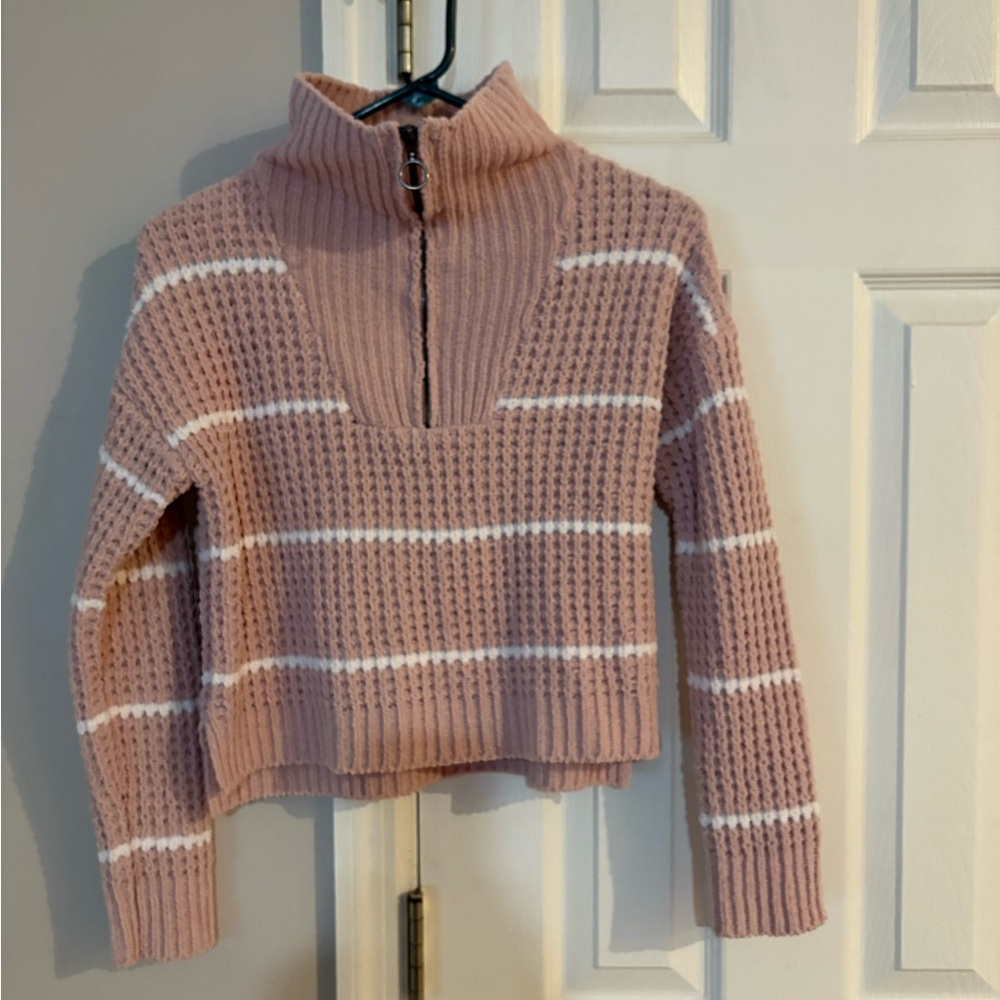 Moral Fiber Cropped Pink and White Striped 1/4 zip Sweater